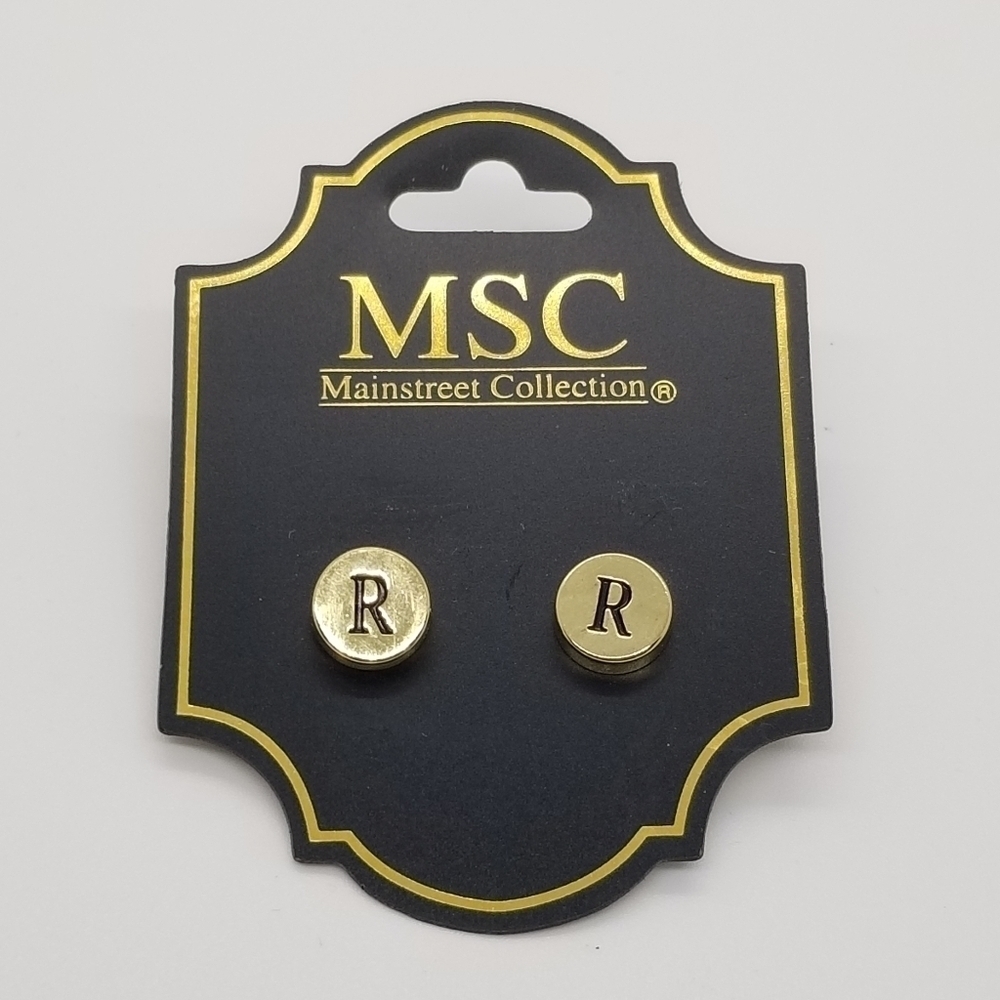 Nwt Msc Mainstreet Collection Gold Tone R Initial Stud Earrings